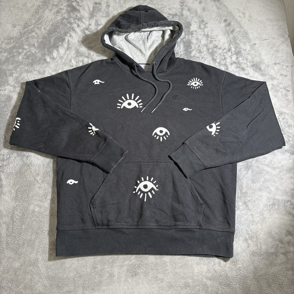 Champion Pullover Hoodie Large Men's Black Celestial Eye All Over Custom Graphic